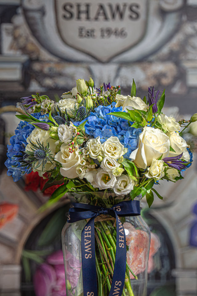 Beautiful country blues floral arrangement by Shaws of Covent Garden - view 2