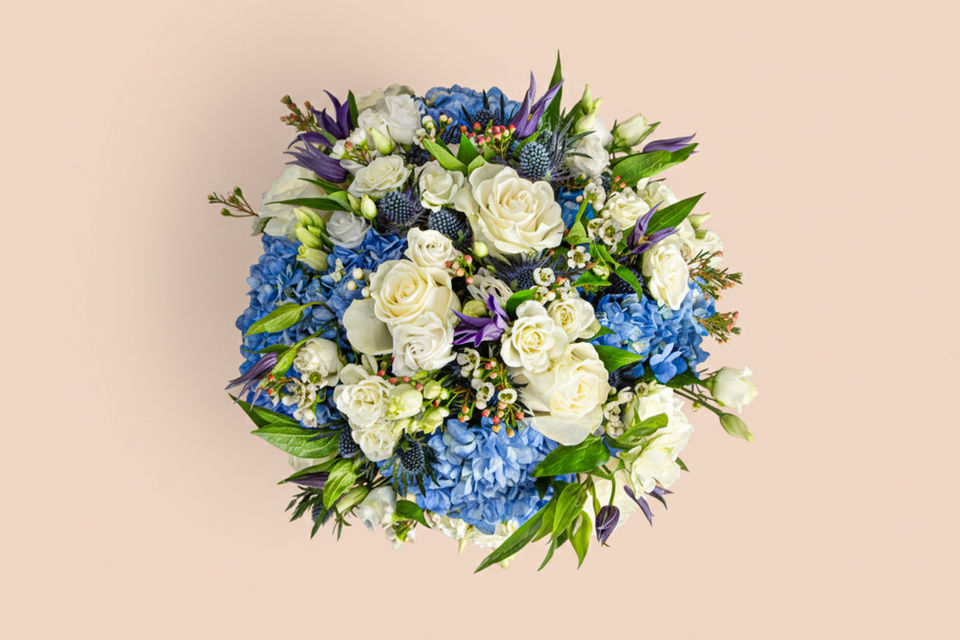 Beautiful country blues floral arrangement by Shaws of Covent Garden - view 3