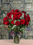 LOVE - Red Explorer Roses & Eucalyptus floral arrangement by Shaws of Covent Garden