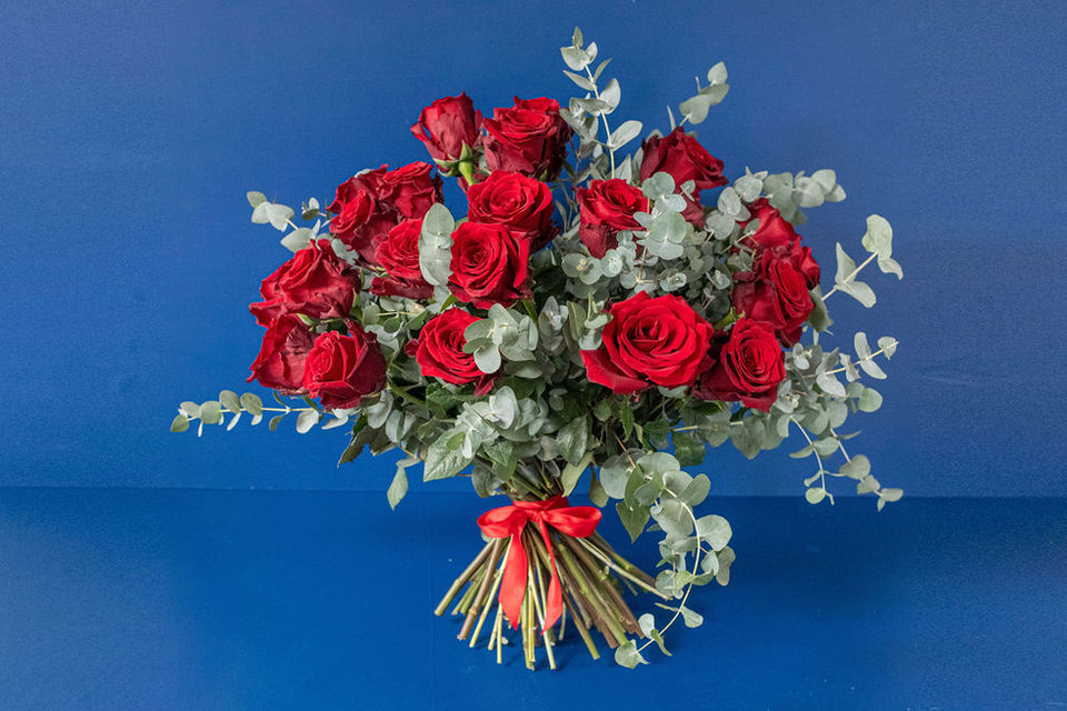 LOVE - Red Explorer Roses & Eucalyptus floral arrangement by Shaws of Covent Garden - view 6