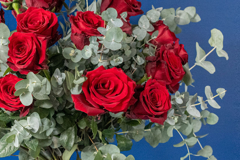 LOVE - Red Explorer Roses & Eucalyptus floral arrangement by Shaws of Covent Garden - view 7