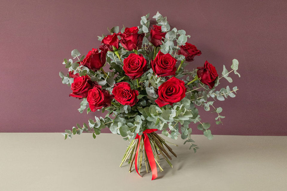 LOVE - Red Explorer Roses & Eucalyptus floral arrangement by Shaws of Covent Garden - view 2