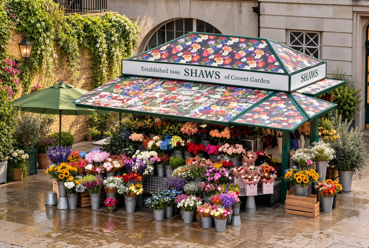 Shaws of Covent Garden flower flower stall at Embankment Place, London 
